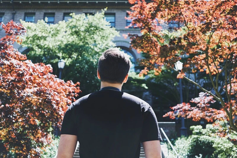 A student walks up an outdoor staircase with trees around it