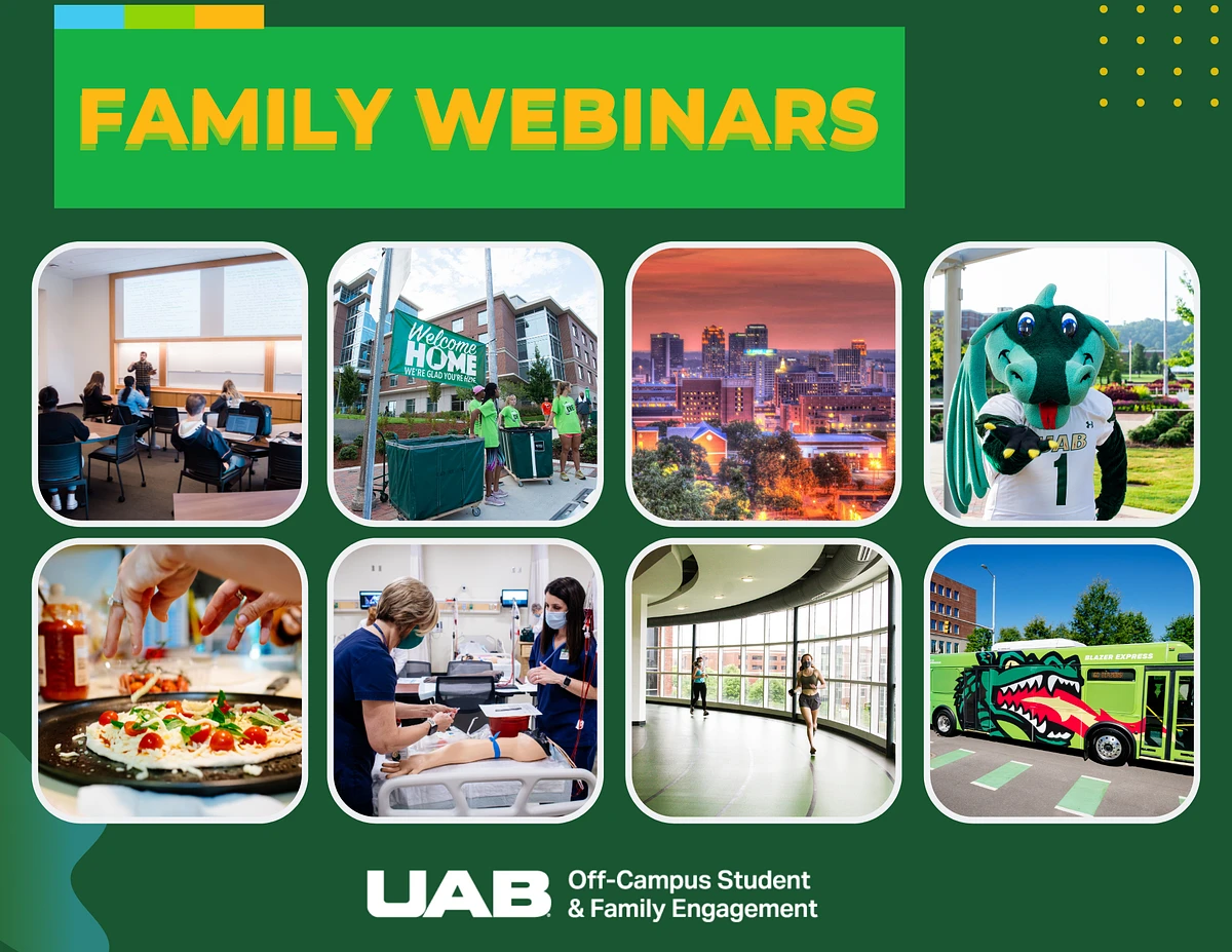 The image promotes UAB's off-campus student and family engagement through various web seminars, showcasing diverse campus activities and amenities.