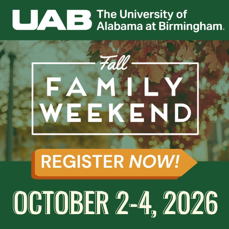 Invitation for Fall Family Weekend at UAB, inviting attendees to register.
