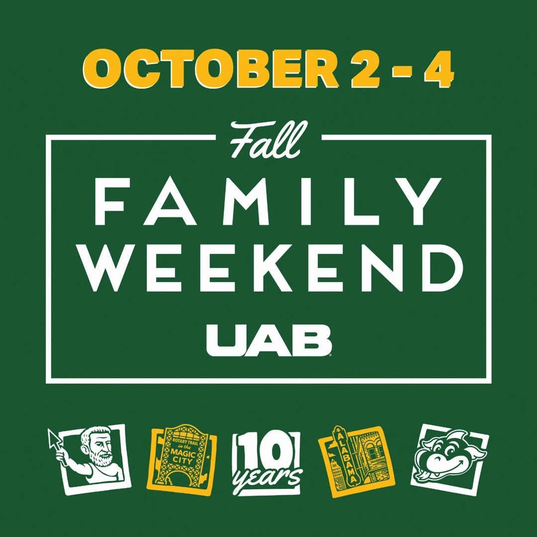 A poster shows different events happening on a university campus, with a green background and white text. It has a logo for a university team with 10 years. The first event is a Legacy Checking-in Ceremony, followed by a Friday Night Live Yoga Movie Night. The next event is a UAB Men's Soccer Coffee vs. UNC Field, followed by an Honors College vs. Texas. The last event is a UAB National Football Team vs. The Solar House.