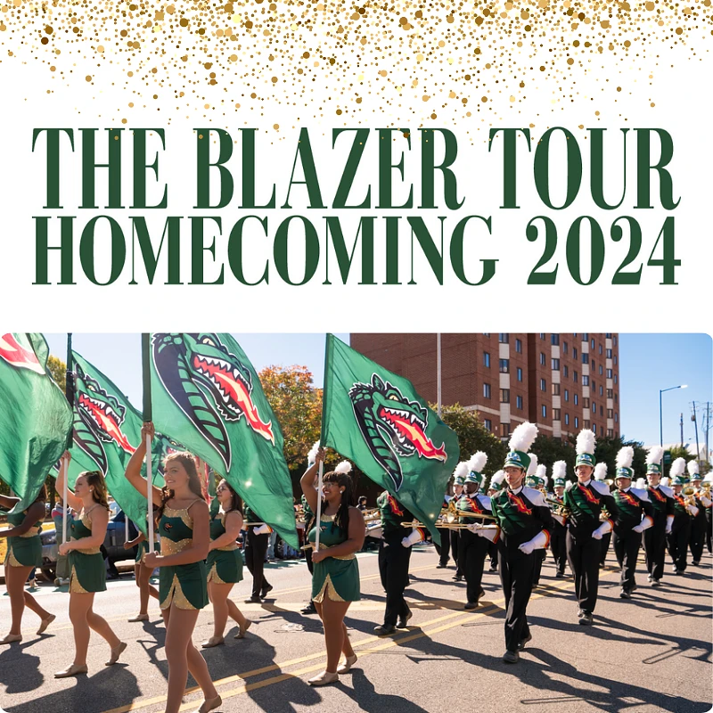 A parade with a marching band and flag bearers celebrates "The Blazer Tour Homecoming 2024."