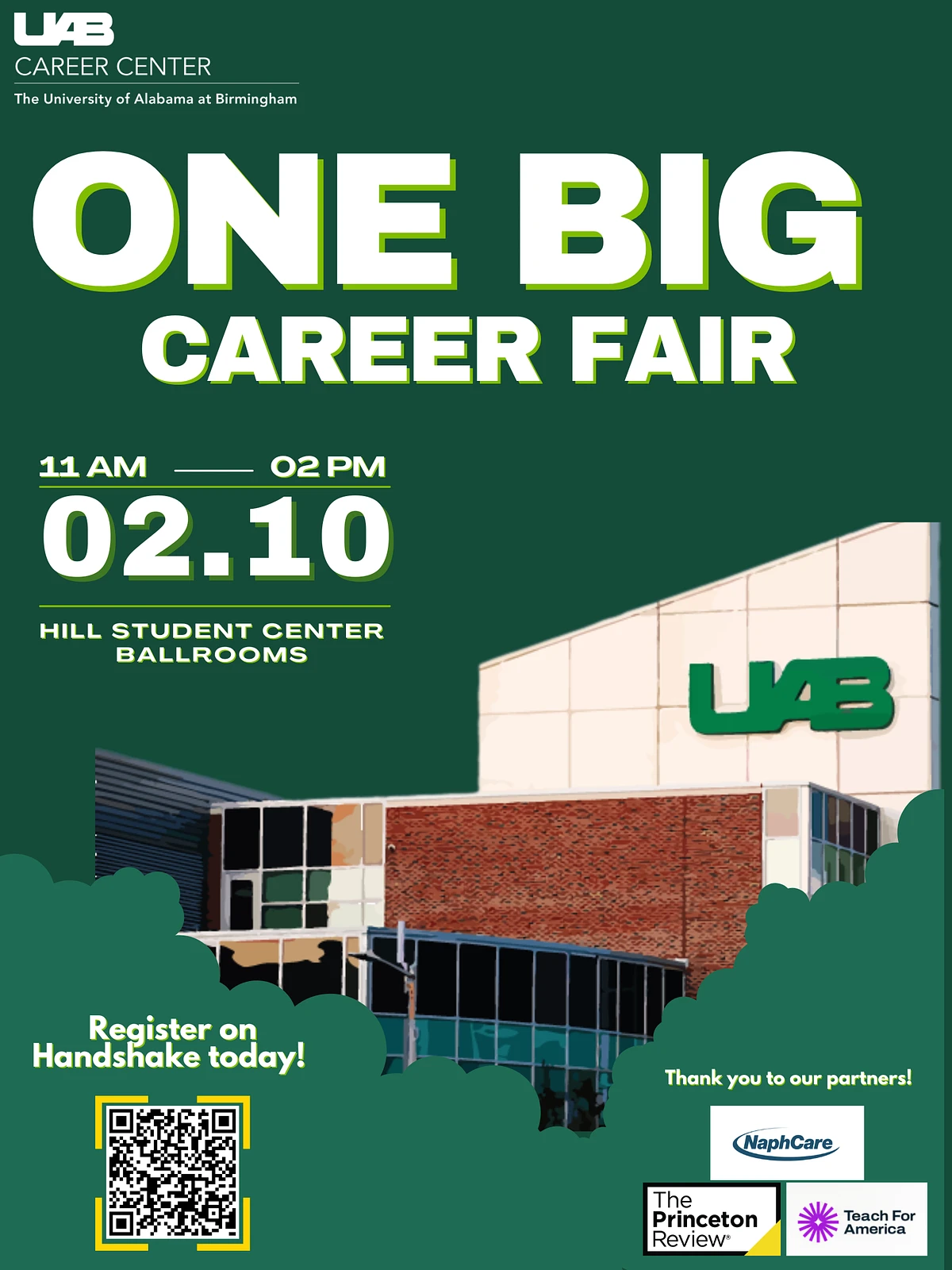 The image is a poster advertising the "One Big Career Fair" at UAB, taking place on February 10th from 11 AM to 2 PM at the Hill Student Center Ballrooms.