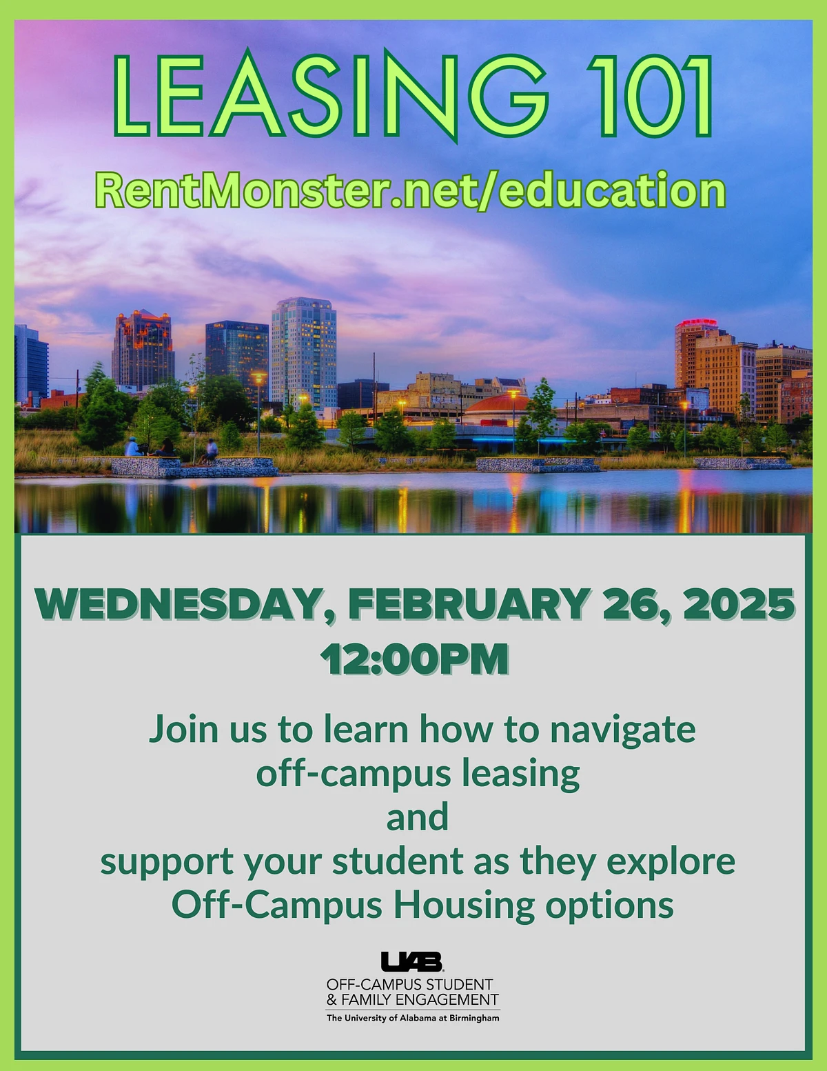 The image is an advertisement for a "Leasing 101" event about off-campus leasing on February 26, 2025, at 12:00 PM, hosted by the University of Alabama at Birmingham's Off-Campus Student & Family Engagement.