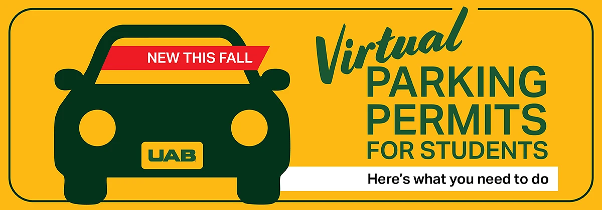 The image announces virtual parking permits for students, new this fall, with instructions to follow.