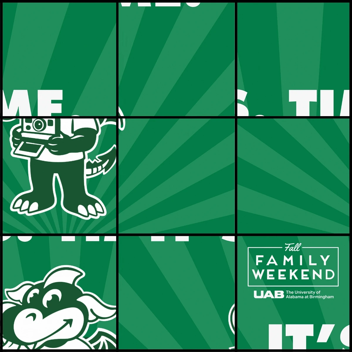 The image features a green design with a cartoon animal holding a camera and text about "Fall Family Weekend" at UAB, The University of Alabama at Birmingham.