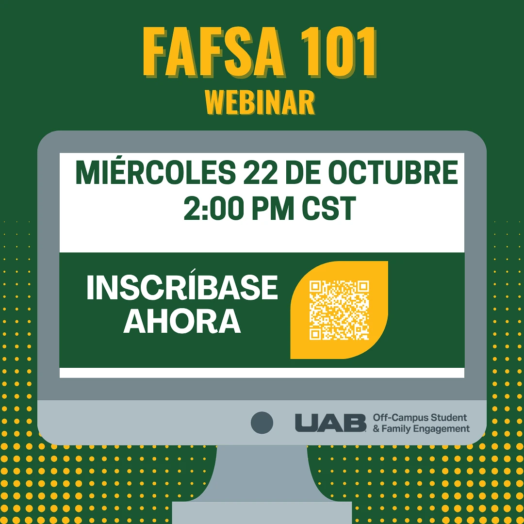 A promotional graphic for a "FAFSA 101" webinar happening on Wednesday, October 22, at 2:00 PM CST, with a prompt to register now and a QR code.
