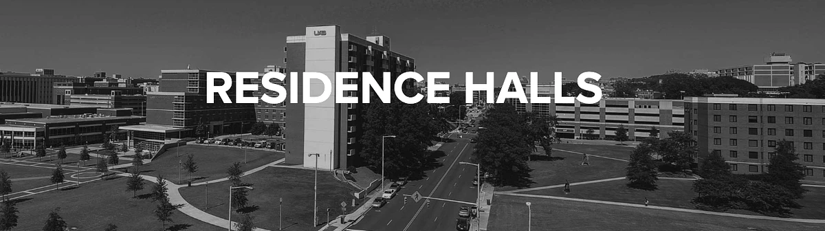 Black and white photo that says residence halls